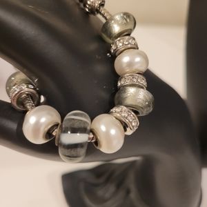 Pearl and Silver charm bracelet with Beads and Crystal Adjustable Lobster Claw